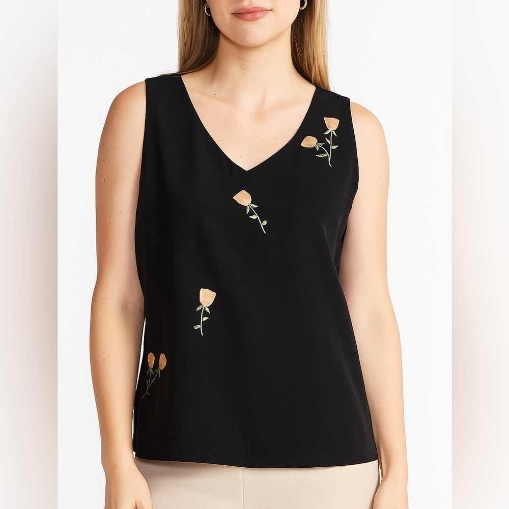 Rena Rowan 100% Silk Black Floral Appliqué V-Neck Sleeveless Top Sz 8